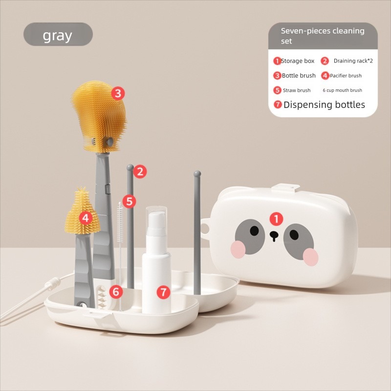 Teberro Portable 7 - Piece Baby Bottle Cleaning Set - Cute Panda - Themed Storage Box, Multiple Brushes & Drying Racks, Ideal for Travel (2)