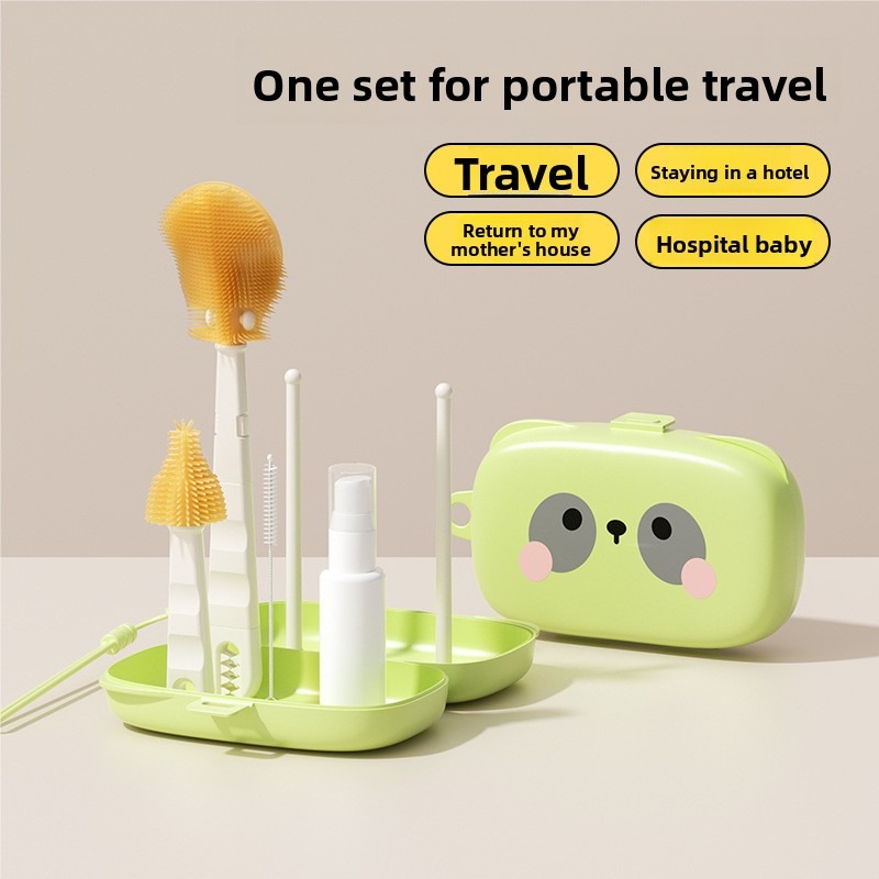 Teberro Portable 7 - Piece Baby Bottle Cleaning Set - Cute Panda - Themed Storage Box, Multiple Brushes & Drying Racks, Ideal for Travel (3)